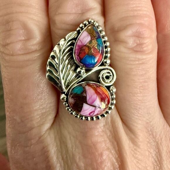 Unique Pink Dahlia Copper Turquoise Statement Ring Southwestern Double Stone 9 - Picture 6 of 6